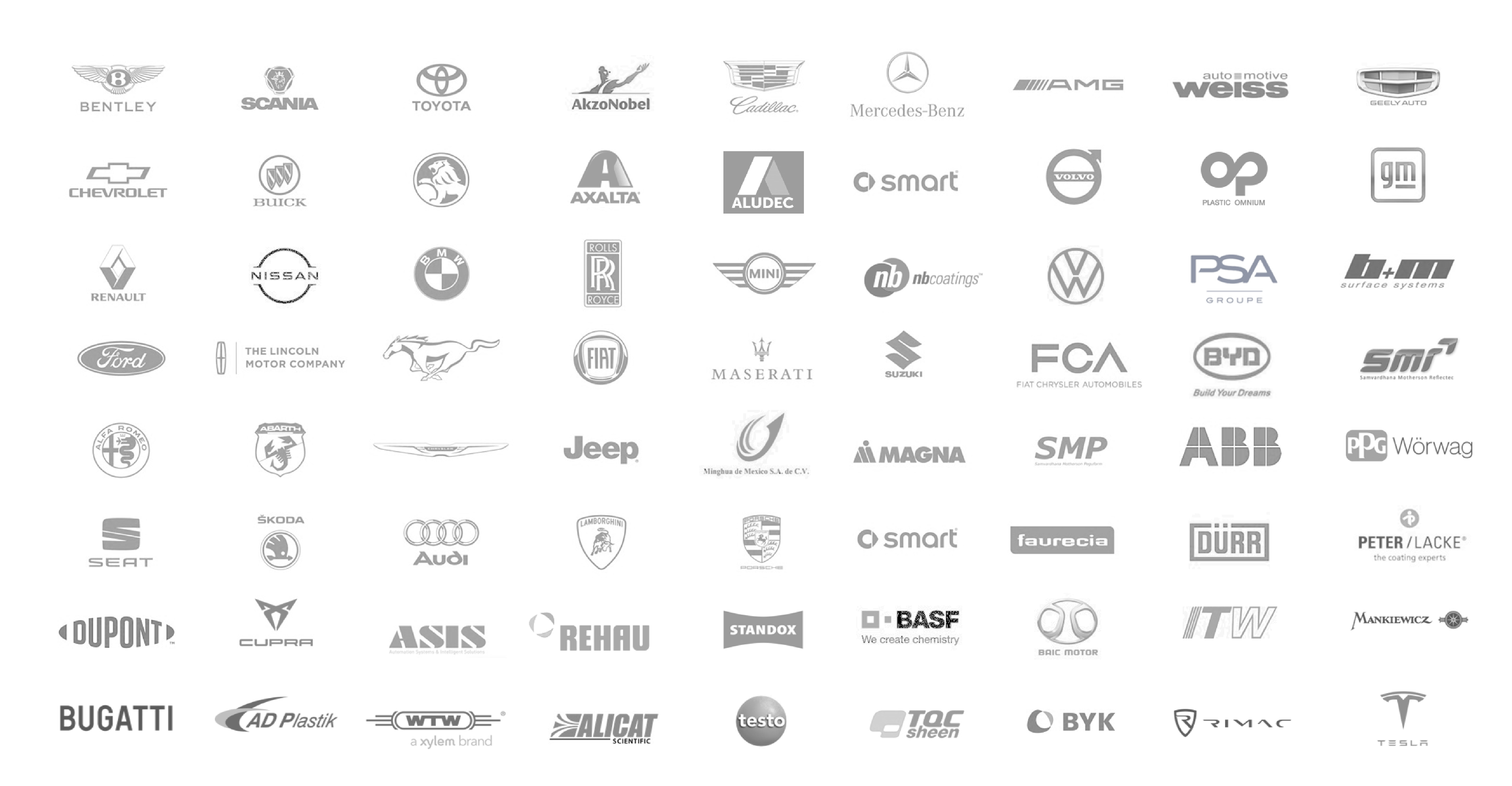 Grid of automotive OEM and tier-1 supplier logos s4p has worked with, including Bentley, Mercedes-Benz, BMW, Audi, Porsche, Volkswagen, Bugatti, Tesla, ABB, Dürr, BASF, Axalta, Magna, Faurecia and SMR