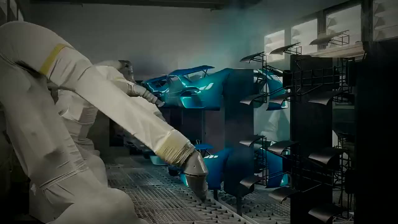 Painting robots with rotary bell atomizers coating blue plastic bumpers on racks in a paint booth
