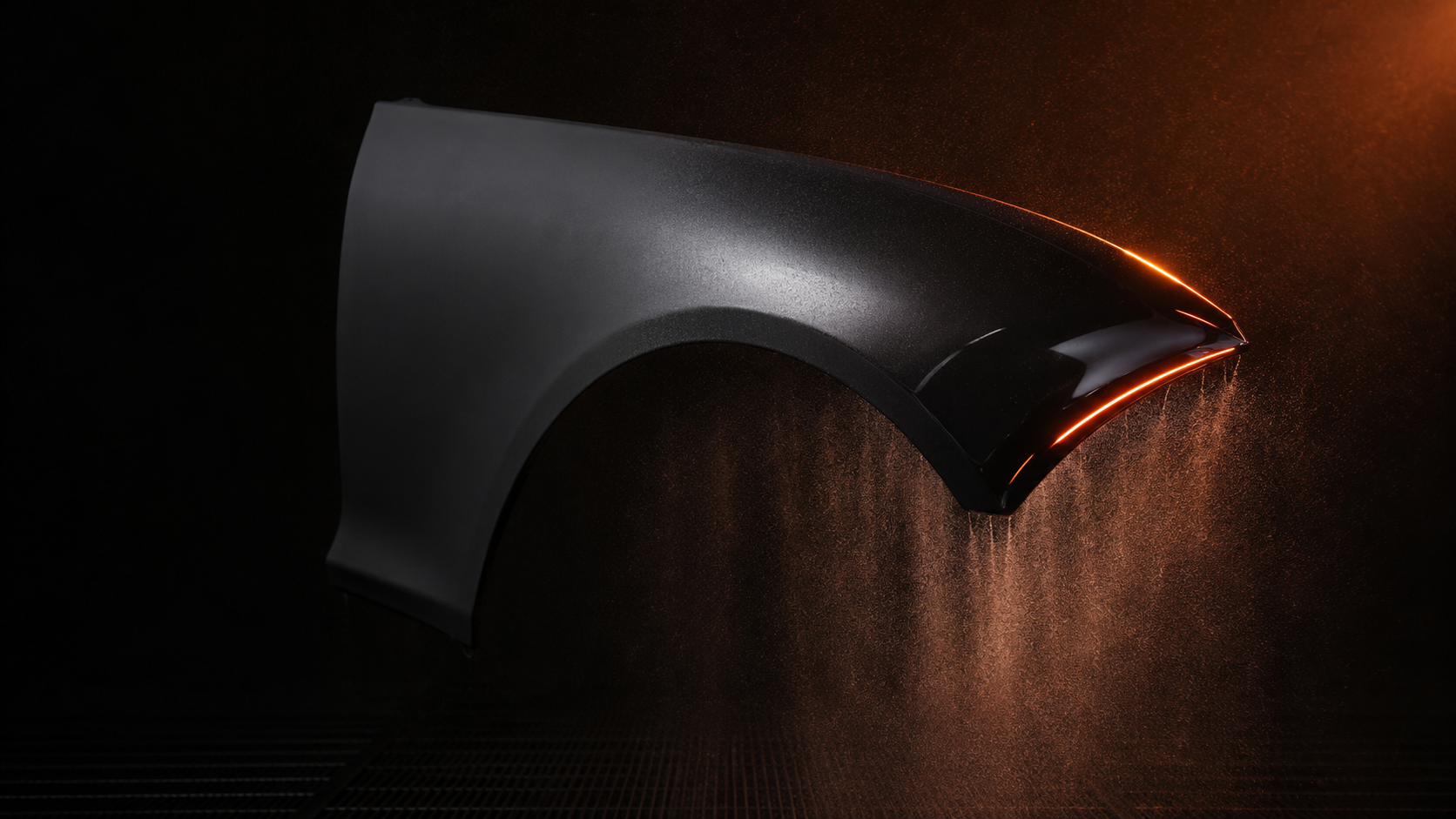 A freshly clearcoated automotive panel suspended in a downdraft paint booth, atomized paint mist falling in laminar streams